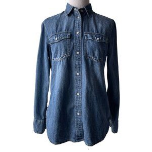 J. Crew Western Women's Sz 2 Slim Fit Chambray Shirt Blue Pearl Snaps Pockets